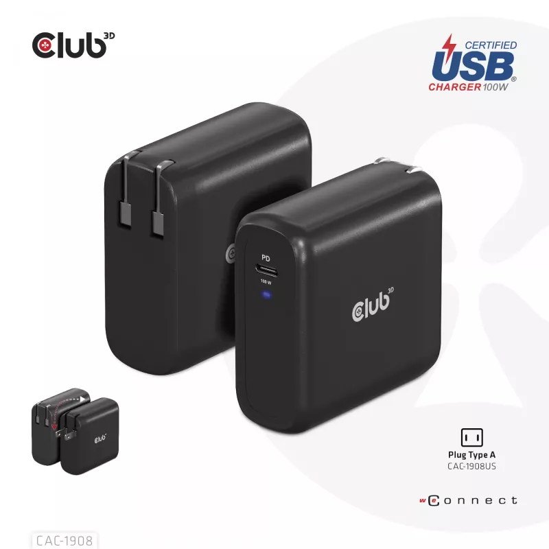 CLUB3D CAC-1908EU kelioninis 100 W USB-C PD 3.0 įkroviklis su GaN technologija