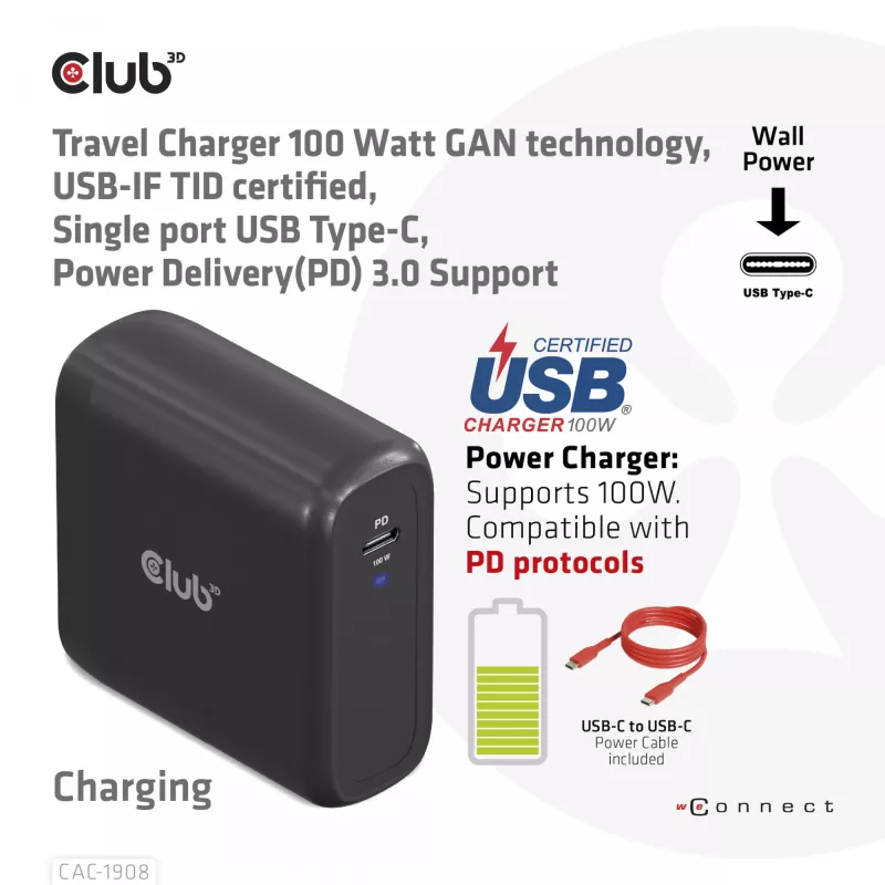 CLUB3D CAC-1908EU kelioninis 100 W USB-C PD 3.0 įkroviklis su GaN technologija