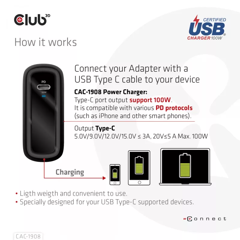 CLUB3D CAC-1908EU kelioninis 100 W USB-C PD 3.0 įkroviklis su GaN technologija