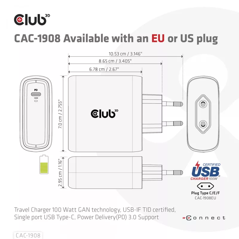CLUB3D CAC-1908EU kelioninis 100 W USB-C PD 3.0 įkroviklis su GaN technologija