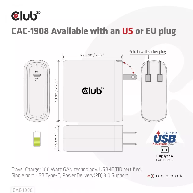 CLUB3D CAC-1908EU kelioninis 100 W USB-C PD 3.0 įkroviklis su GaN technologija