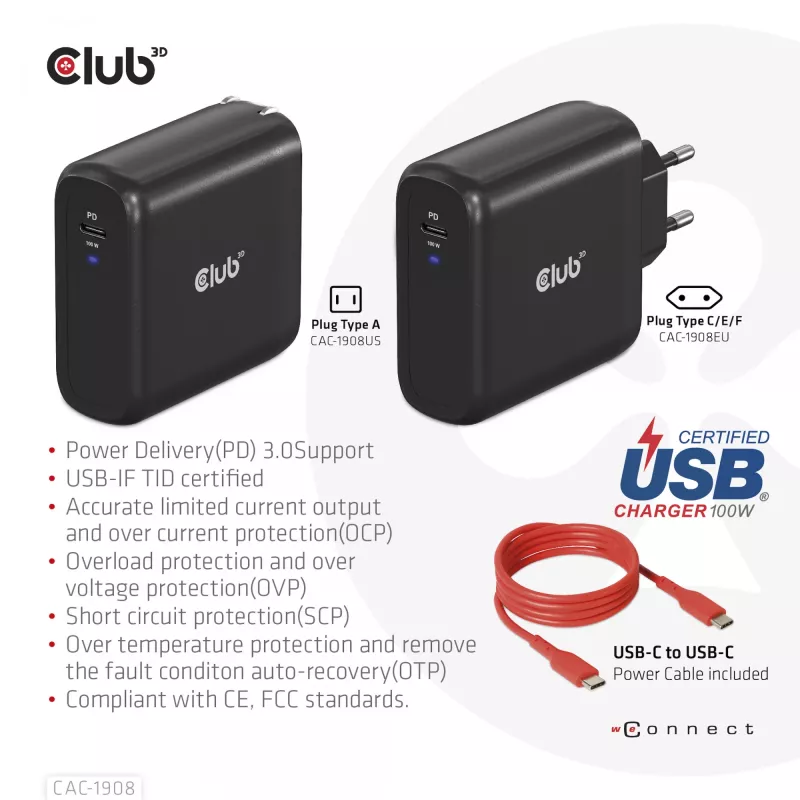 CLUB3D CAC-1908EU kelioninis 100 W USB-C PD 3.0 įkroviklis su GaN technologija