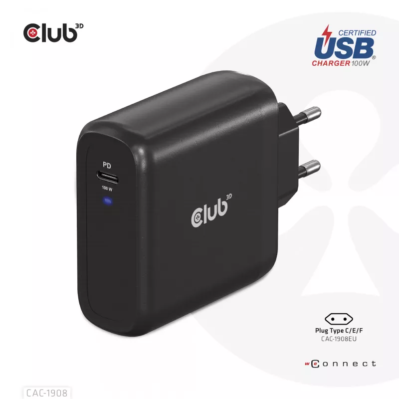 CLUB3D CAC-1908EU kelioninis 100 W USB-C PD 3.0 įkroviklis su GaN technologija