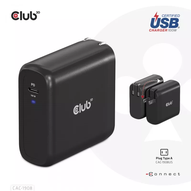 CLUB3D CAC-1908EU kelioninis 100 W USB-C PD 3.0 įkroviklis su GaN technologija