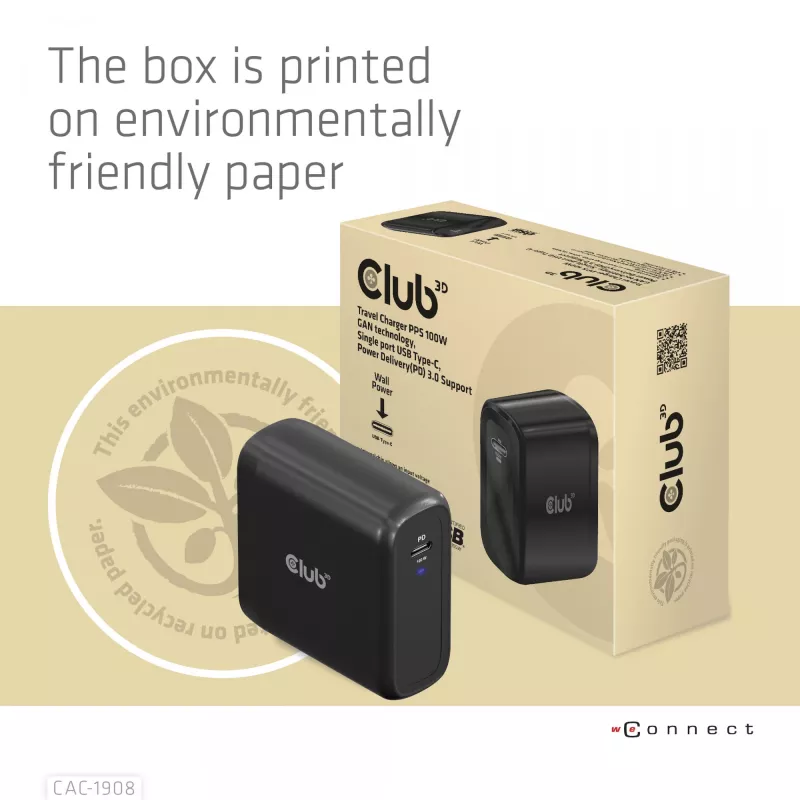 CLUB3D CAC-1908EU kelioninis 100 W USB-C PD 3.0 įkroviklis su GaN technologija