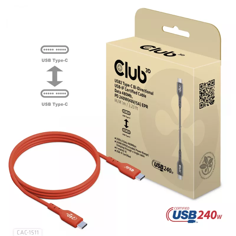 CLUB3D USB2 Type-C abipusis USB-IF sertifikuotas laidas, duomenys 480 Mb, PD 240W (48V/5A) EPR, M/M, 1 m
