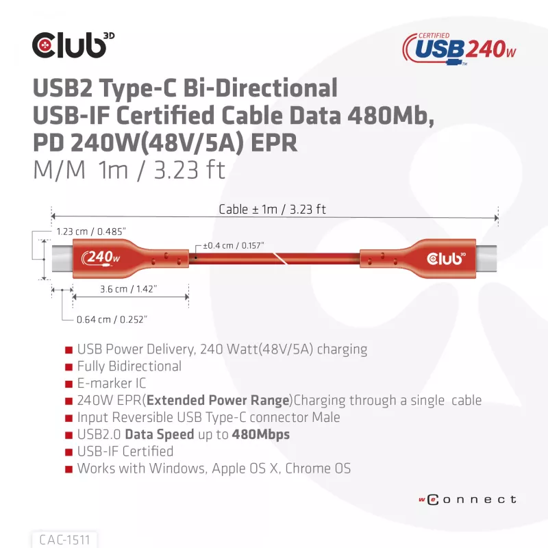CLUB3D USB2 Type-C abipusis USB-IF sertifikuotas laidas, duomenys 480 Mb, PD 240W (48V/5A) EPR, M/M, 1 m