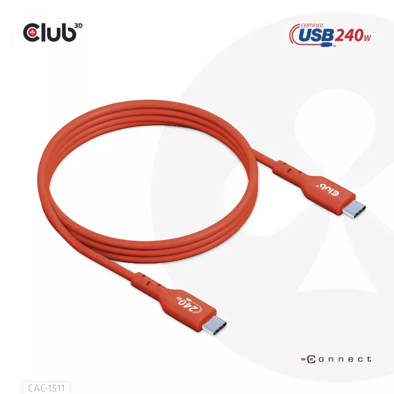 CLUB3D USB2 Type-C abipusis USB-IF sertifikuotas laidas, duomenys 480 Mb, PD 240W (48V/5A) EPR, M/M, 1 m