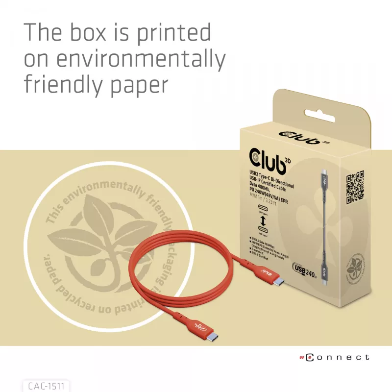 CLUB3D USB2 Type-C abipusis USB-IF sertifikuotas laidas, duomenys 480 Mb, PD 240W (48V/5A) EPR, M/M, 1 m