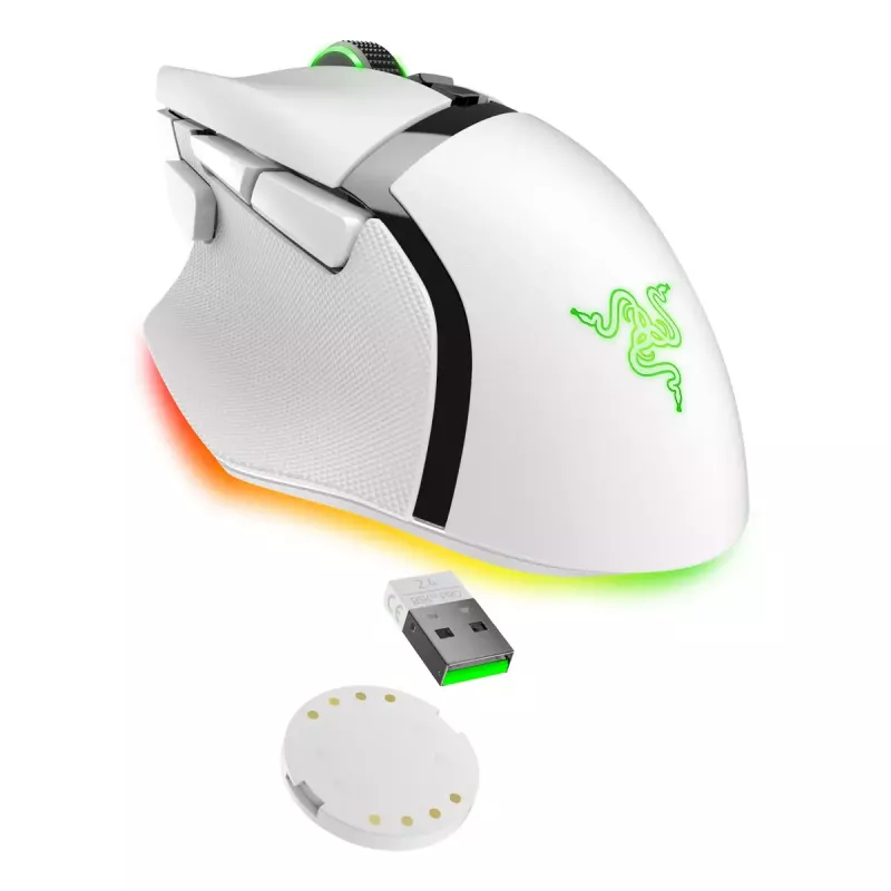 Žaidimų pelė Razer Basilisk V3 Pro – dešiniarankiams, optinė 30 000 DPI, RF belaidis / Bluetooth / USB-C, balta