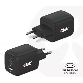 CLUB3D CAC-1913 kelioninis 65W PPS GAN technologijos įkroviklis su 3 prievadais (2x USB-C + USB-A), PD 3.0