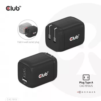 CLUB3D CAC-1913 kelioninis 65W PPS GAN technologijos įkroviklis su 3 prievadais (2x USB-C + USB-A), PD 3.0