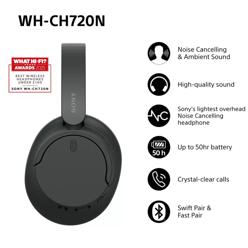 Sony WH-CH720 belaidės ausinės su triukšmo slopinimu, USB-C, Bluetooth, juodos