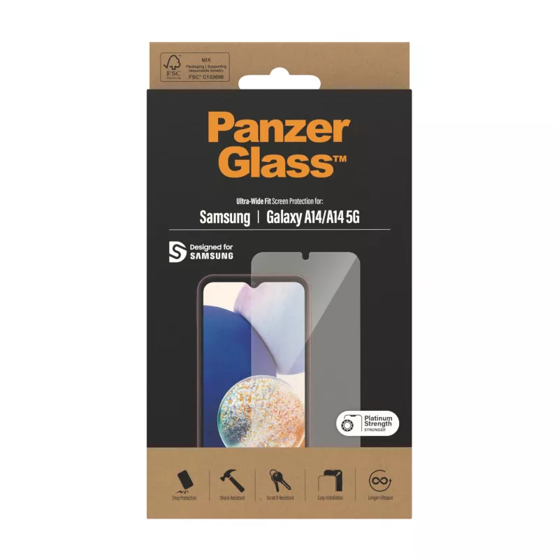 Apsauginis stiklas PanzerGlass Samsung Galaxy A14 / A14 5G Ultra-Wide Fit, atsparus įbrėžimams ir smūgiams