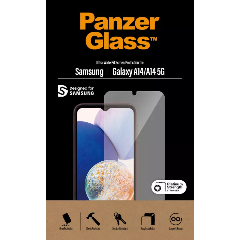 Apsauginis stiklas PanzerGlass Samsung Galaxy A14 / A14 5G Ultra-Wide Fit, atsparus įbrėžimams ir smūgiams