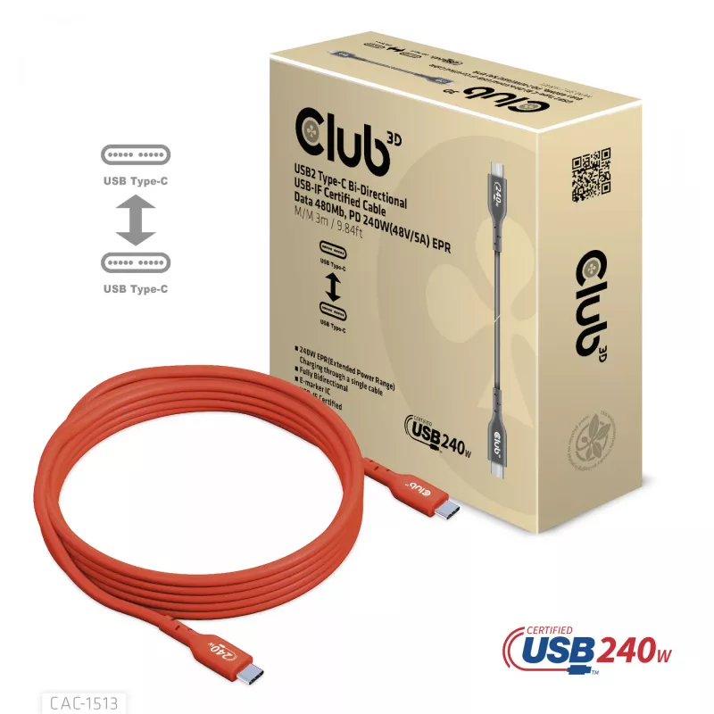 CLUB3D USB2 Type-C abipusis USB-IF sertifikuotas laidas, duomenys 480Mb, PD 240W (48V/5A) EPR, M/M 3m / 9.84 ft