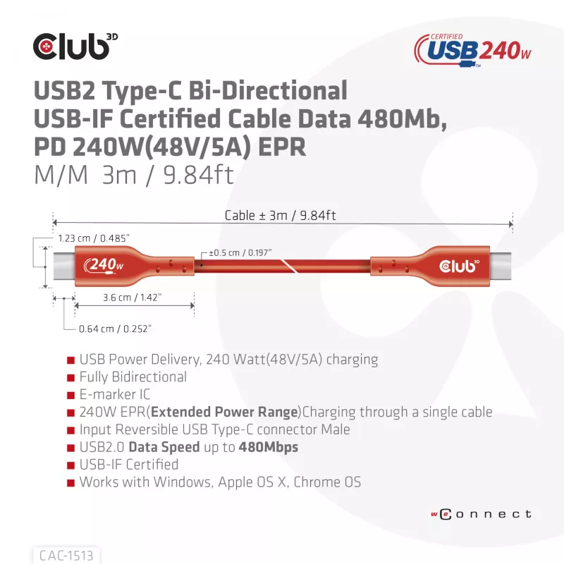 CLUB3D USB2 Type-C abipusis USB-IF sertifikuotas laidas, duomenys 480Mb, PD 240W (48V/5A) EPR, M/M 3m / 9.84 ft