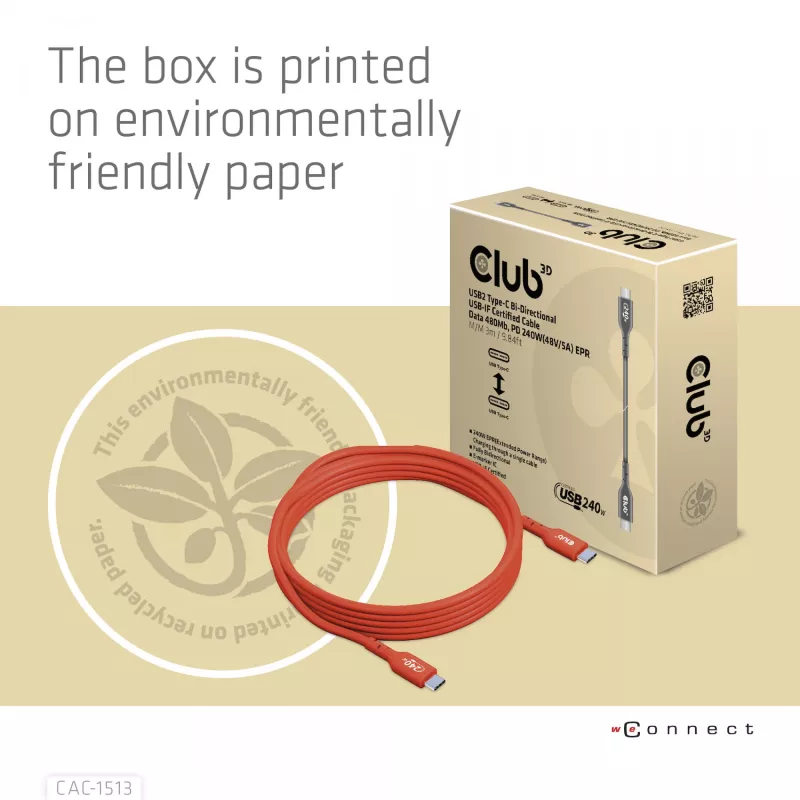 CLUB3D USB2 Type-C abipusis USB-IF sertifikuotas laidas, duomenys 480Mb, PD 240W (48V/5A) EPR, M/M 3m / 9.84 ft