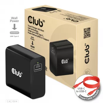 CLUB3D CAC-1914 kelioninis įkroviklis 140 W, GaN technologija, vienas USB Type-C prievadas, PD 3.1