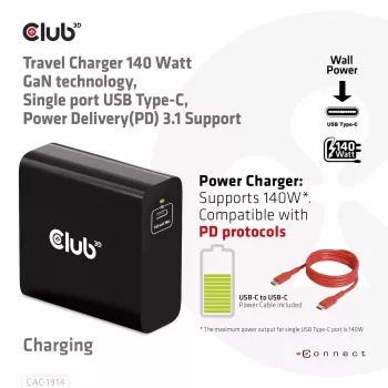 CLUB3D CAC-1914 kelioninis įkroviklis 140 W, GaN technologija, vienas USB Type-C prievadas, PD 3.1