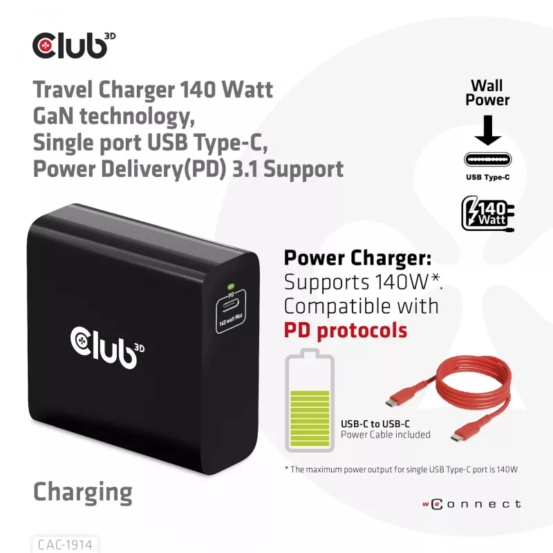 CLUB3D CAC-1914 kelioninis įkroviklis 140 W, GaN technologija, vienas USB Type-C prievadas, PD 3.1