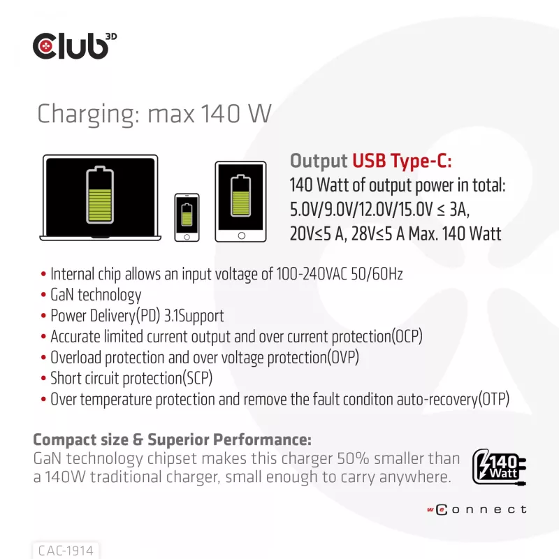 CLUB3D CAC-1914 kelioninis įkroviklis 140 W, GaN technologija, vienas USB Type-C prievadas, PD 3.1