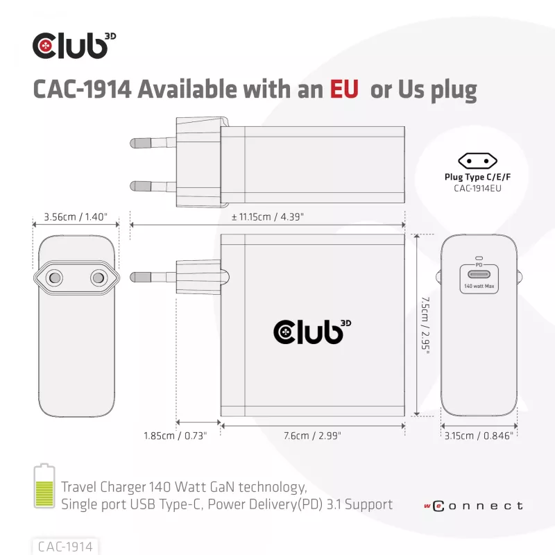 CLUB3D CAC-1914 kelioninis įkroviklis 140 W, GaN technologija, vienas USB Type-C prievadas, PD 3.1