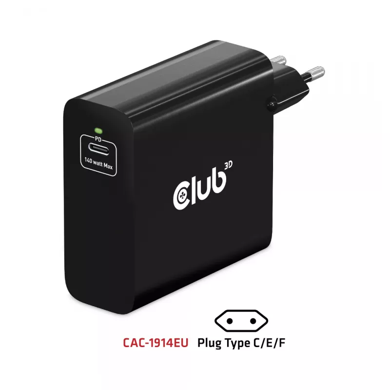 CLUB3D CAC-1914 kelioninis įkroviklis 140 W, GaN technologija, vienas USB Type-C prievadas, PD 3.1