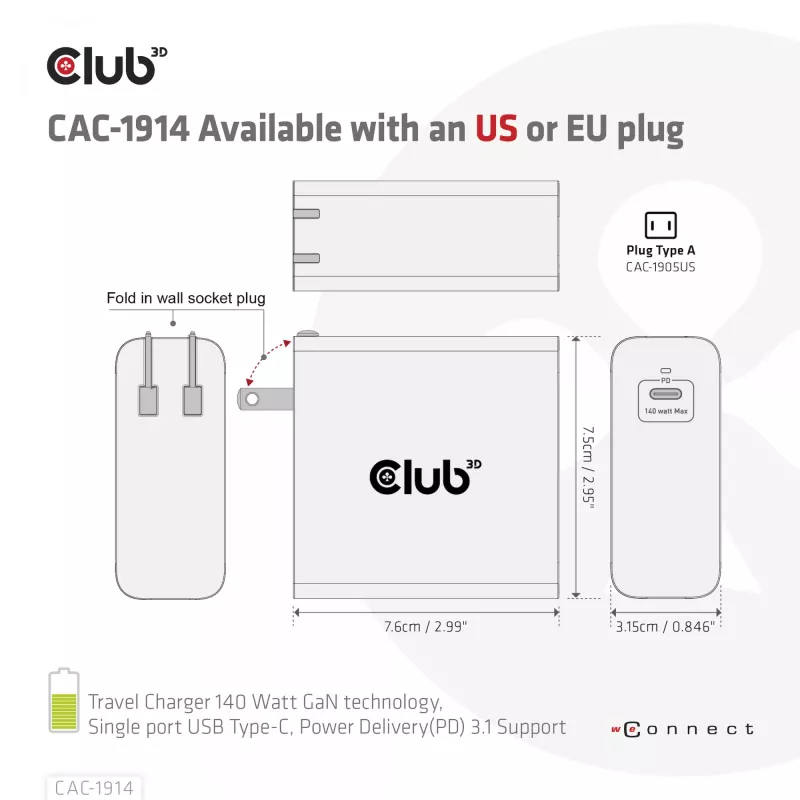 CLUB3D CAC-1914 kelioninis įkroviklis 140 W, GaN technologija, vienas USB Type-C prievadas, PD 3.1