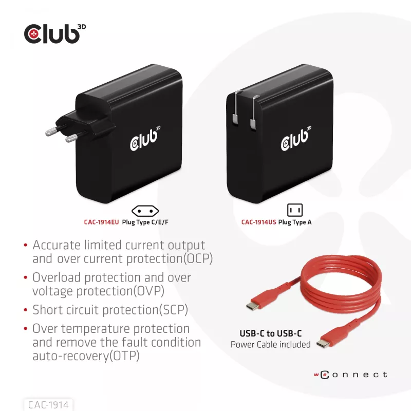 CLUB3D CAC-1914 kelioninis įkroviklis 140 W, GaN technologija, vienas USB Type-C prievadas, PD 3.1