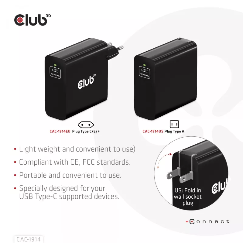 CLUB3D CAC-1914 kelioninis įkroviklis 140 W, GaN technologija, vienas USB Type-C prievadas, PD 3.1