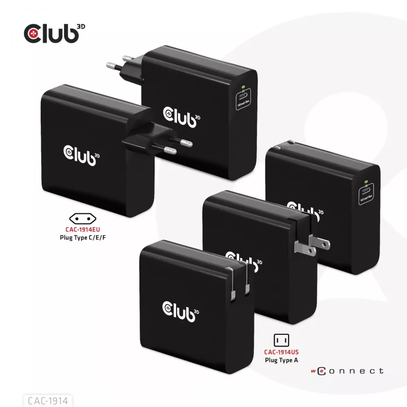 CLUB3D CAC-1914 kelioninis įkroviklis 140 W, GaN technologija, vienas USB Type-C prievadas, PD 3.1