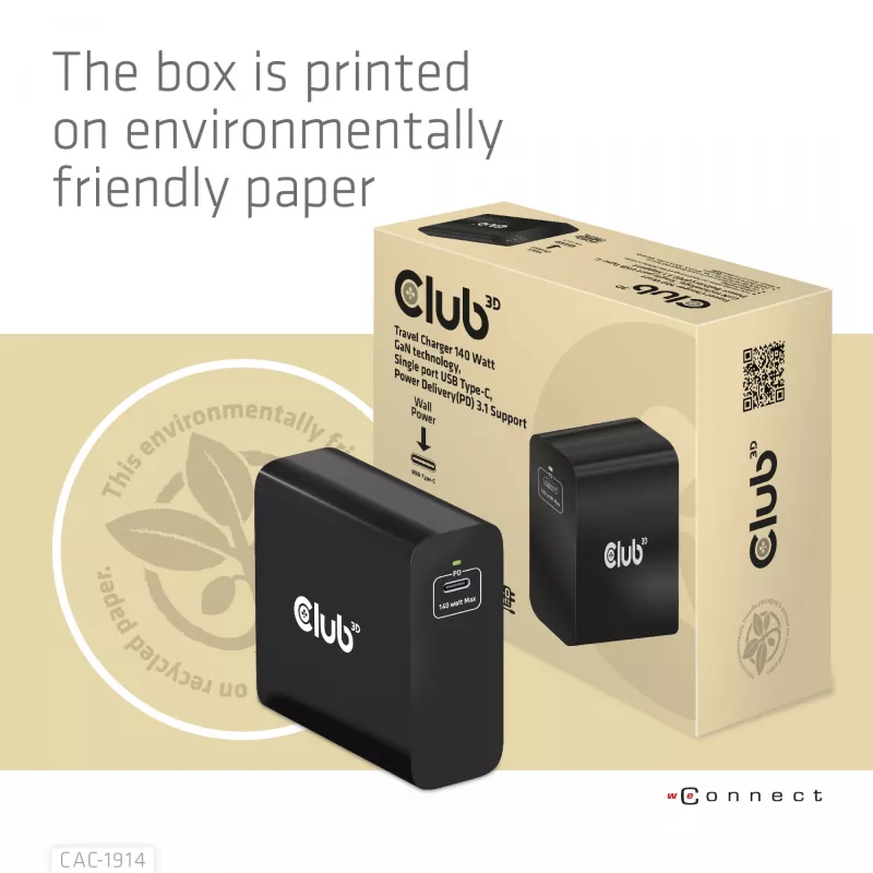 CLUB3D CAC-1914 kelioninis įkroviklis 140 W, GaN technologija, vienas USB Type-C prievadas, PD 3.1