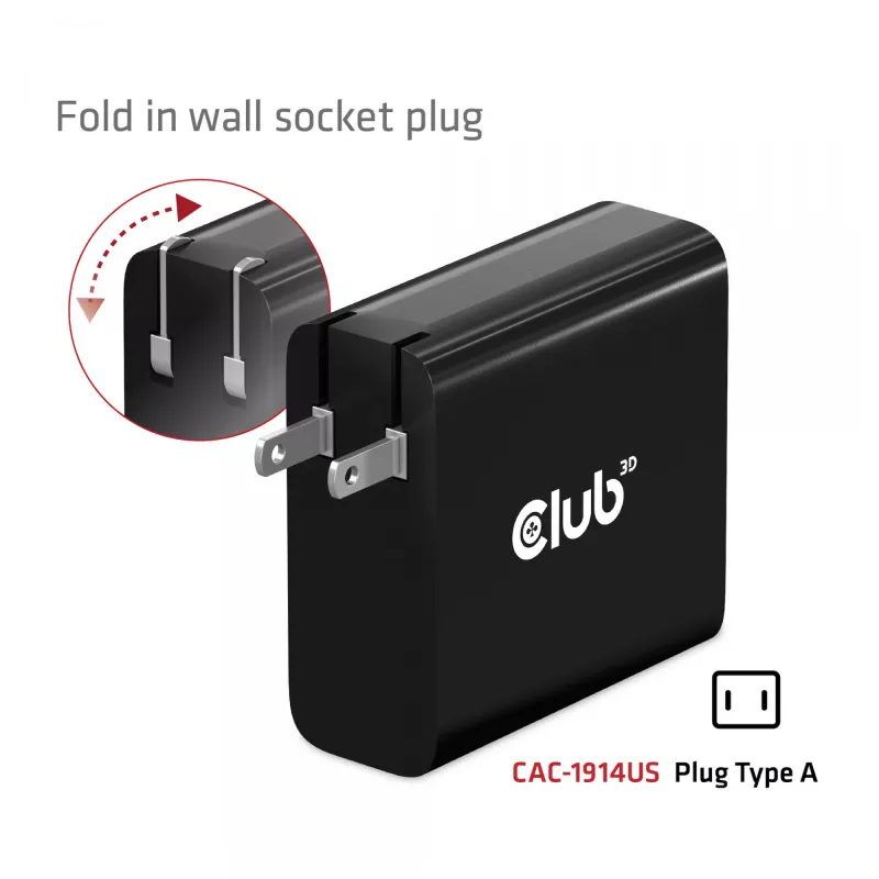 CLUB3D CAC-1914 kelioninis įkroviklis 140 W, GaN technologija, vienas USB Type-C prievadas, PD 3.1