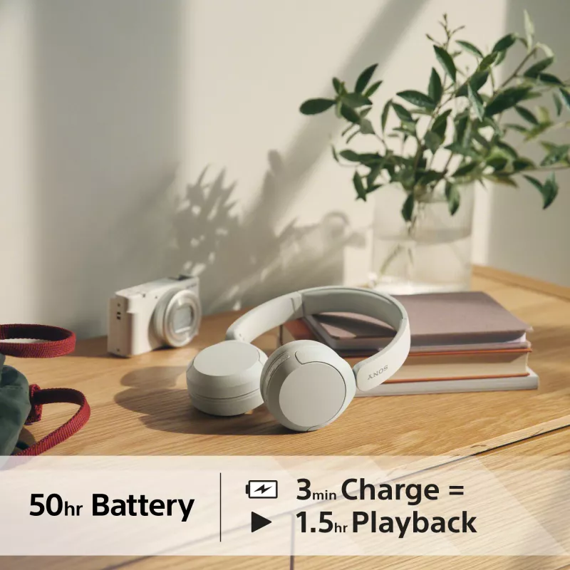 Ausinės Sony WH-CH520 belaidės ant ausų, Bluetooth 5.2, 50 h atkūrimas, USB-C įkrovimas, baltos