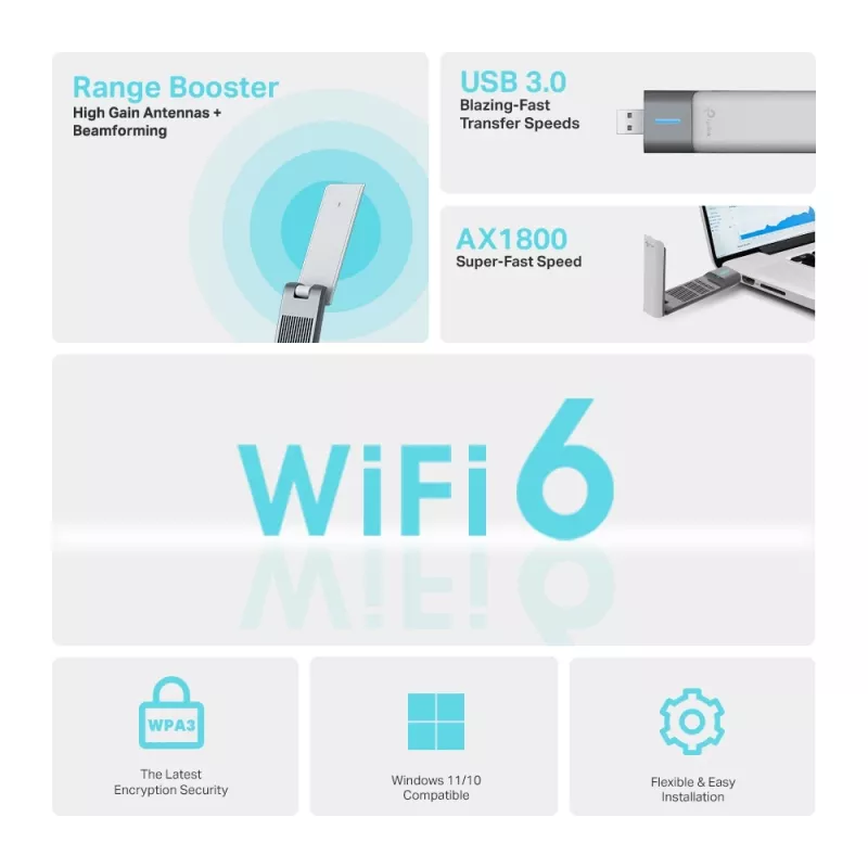 TP-Link Archer AX1800 belaidis USB adapteris su Wi-Fi 6 ir aukšto stiprinimo antenomis