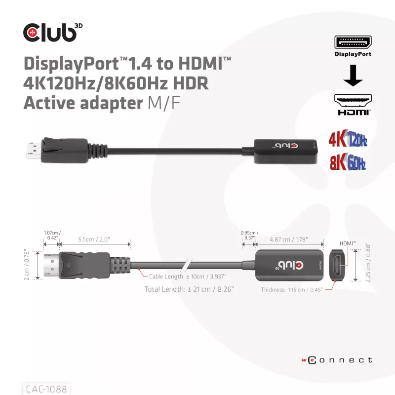 CLUB3D DisplayPort 1.4 į HDMI 4K120Hz/8K60Hz HDR aktyvus adapteris M/F
