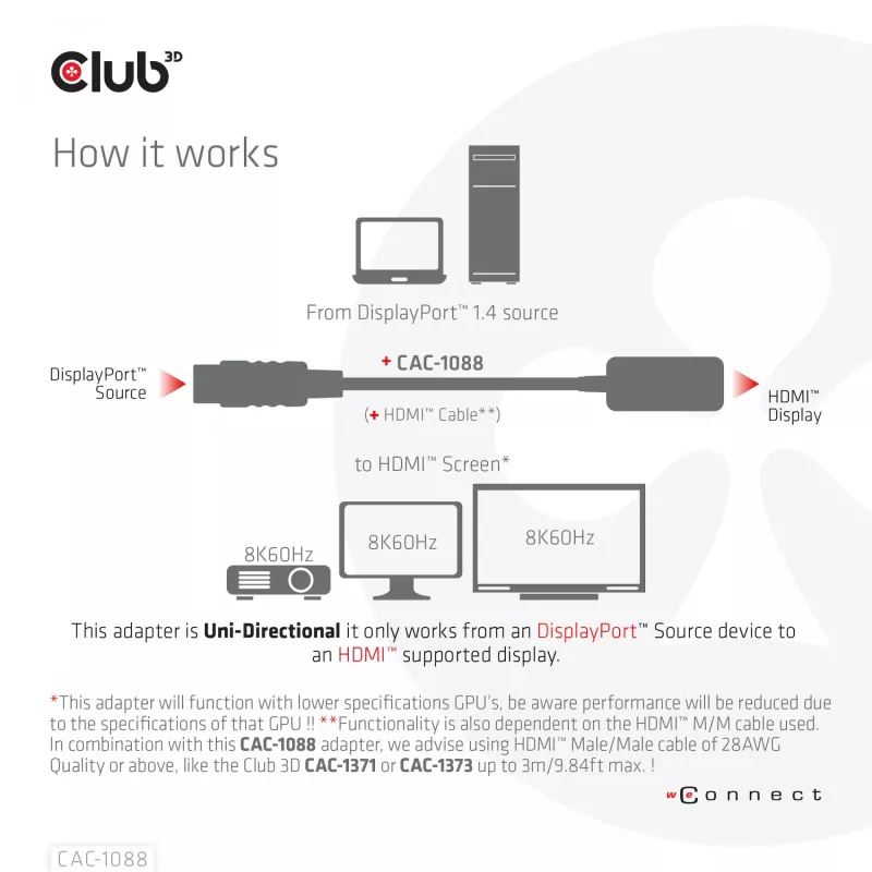 CLUB3D DisplayPort 1.4 į HDMI 4K120Hz/8K60Hz HDR aktyvus adapteris M/F