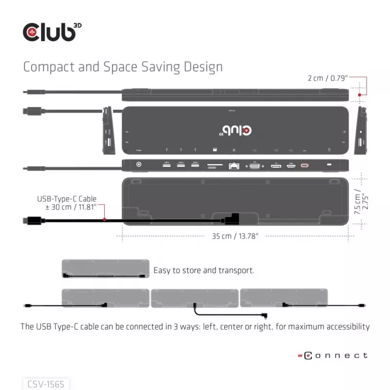CLUB3D USB Gen1 Type-C Triple Display DP1.4 Alt mode Smart PD3.0 įkrovimo stotelė su 100 W maitinimo šaltiniu