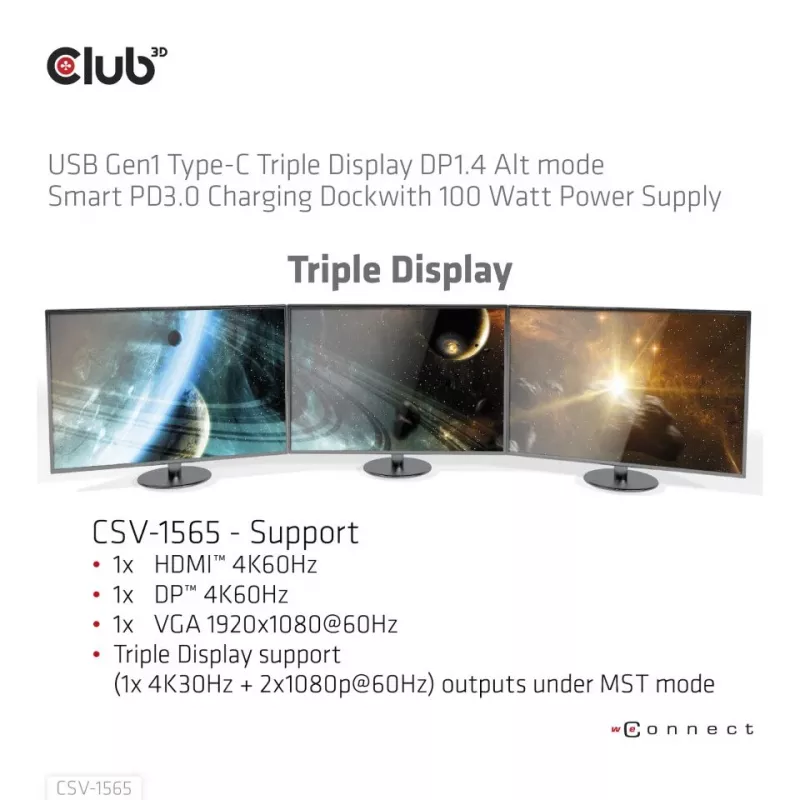 CLUB3D USB Gen1 Type-C Triple Display DP1.4 Alt mode Smart PD3.0 įkrovimo stotelė su 100 W maitinimo šaltiniu