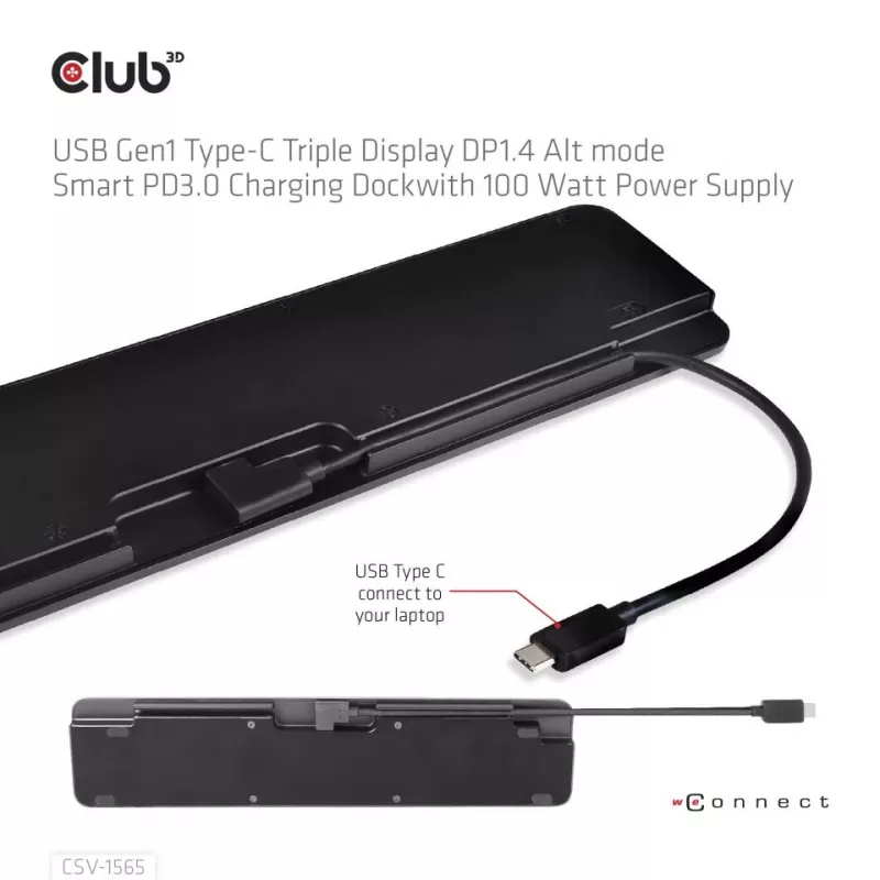 CLUB3D USB Gen1 Type-C Triple Display DP1.4 Alt mode Smart PD3.0 įkrovimo stotelė su 100 W maitinimo šaltiniu