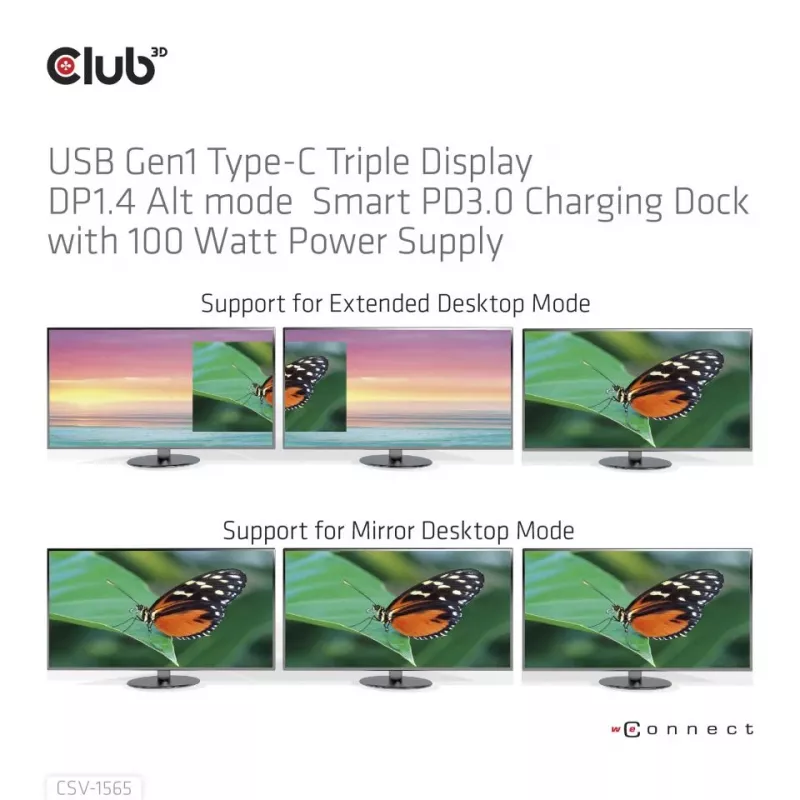 CLUB3D USB Gen1 Type-C Triple Display DP1.4 Alt mode Smart PD3.0 įkrovimo stotelė su 100 W maitinimo šaltiniu