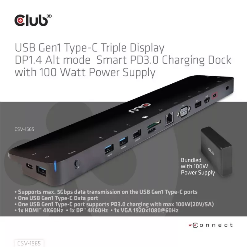 CLUB3D USB Gen1 Type-C Triple Display DP1.4 Alt mode Smart PD3.0 įkrovimo stotelė su 100 W maitinimo šaltiniu