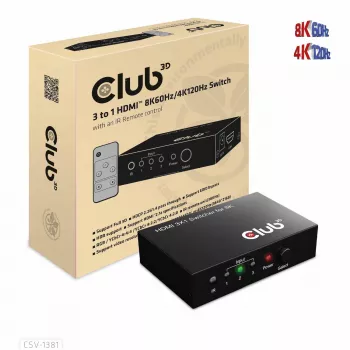 CLUB3D 3 į 1 HDMI™ 8K60Hz/4K120Hz jungiklis, 7680 x 4320 pikselių, 8K Ultra HD, juodas
