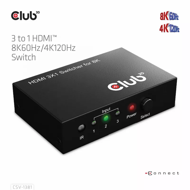 CLUB3D 3 į 1 HDMI™ 8K60Hz/4K120Hz jungiklis, 7680 x 4320 pikselių, 8K Ultra HD, juodas