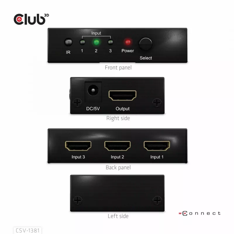 CLUB3D 3 į 1 HDMI™ 8K60Hz/4K120Hz jungiklis, 7680 x 4320 pikselių, 8K Ultra HD, juodas