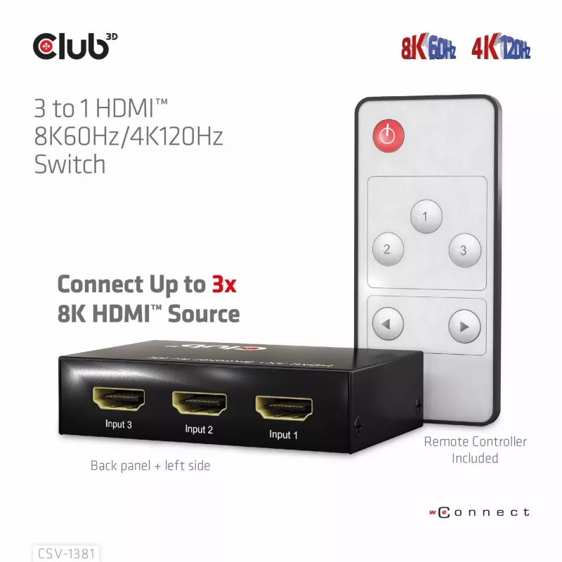 CLUB3D 3 į 1 HDMI™ 8K60Hz/4K120Hz jungiklis, 7680 x 4320 pikselių, 8K Ultra HD, juodas