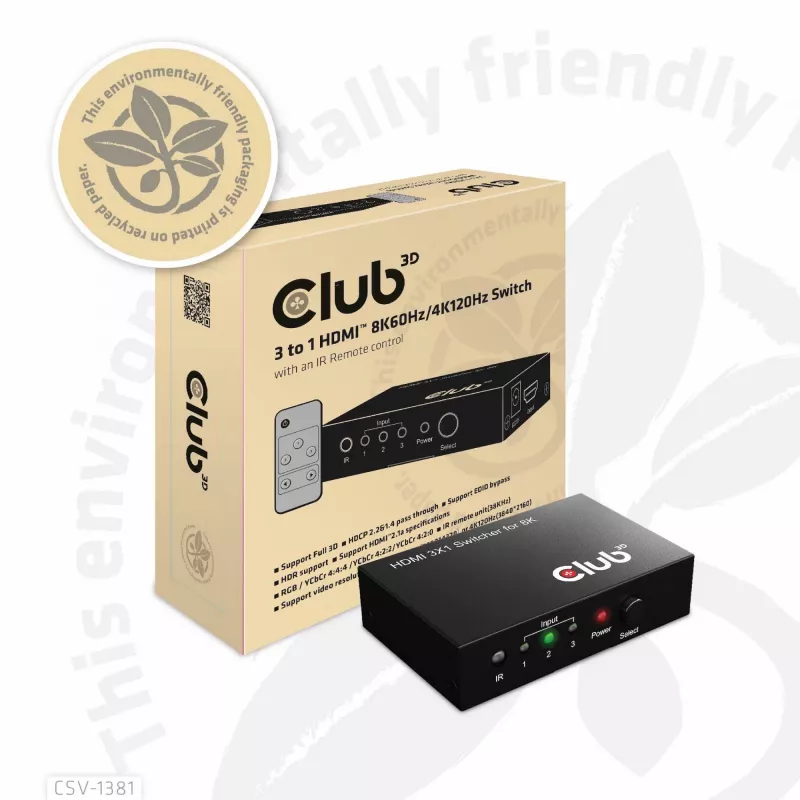 CLUB3D 3 į 1 HDMI™ 8K60Hz/4K120Hz jungiklis, 7680 x 4320 pikselių, 8K Ultra HD, juodas
