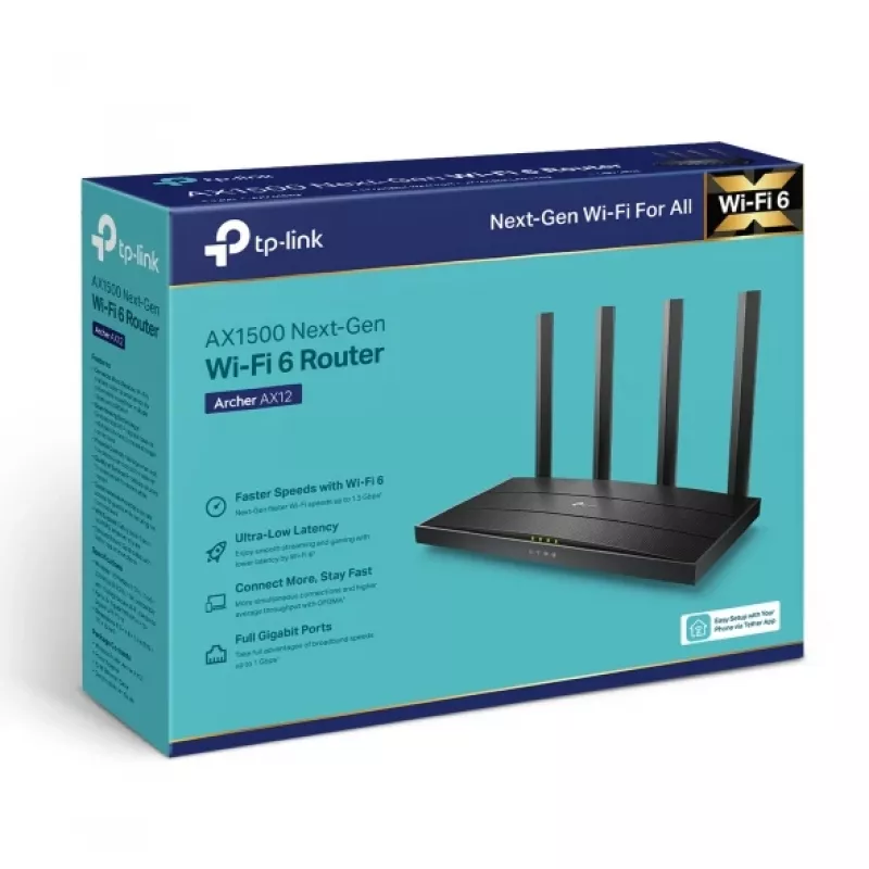 TP-Link Archer AX1500 Wi-Fi 6 maršrutizatorius, dviejų juostų (2,4 GHz / 5 GHz), juodas