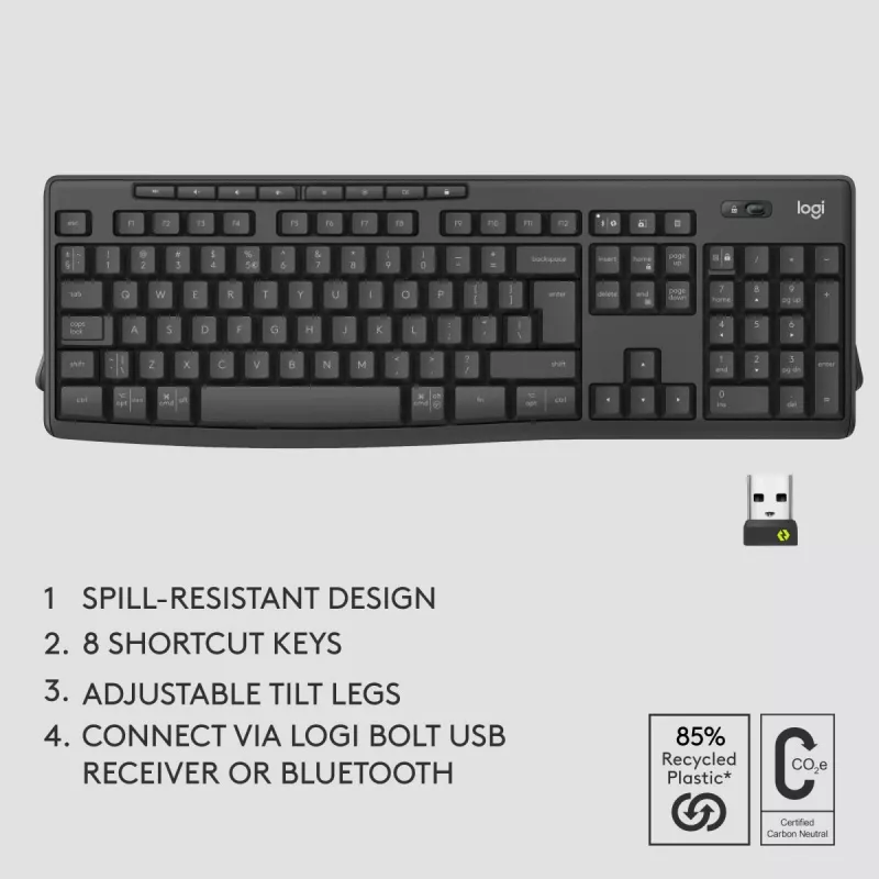 Klaviatūros ir pelės rinkinys Logitech MK370 Combo for Business — pilno dydžio QWERTY (US International), RF Wireless + Bluetooth, grafitas